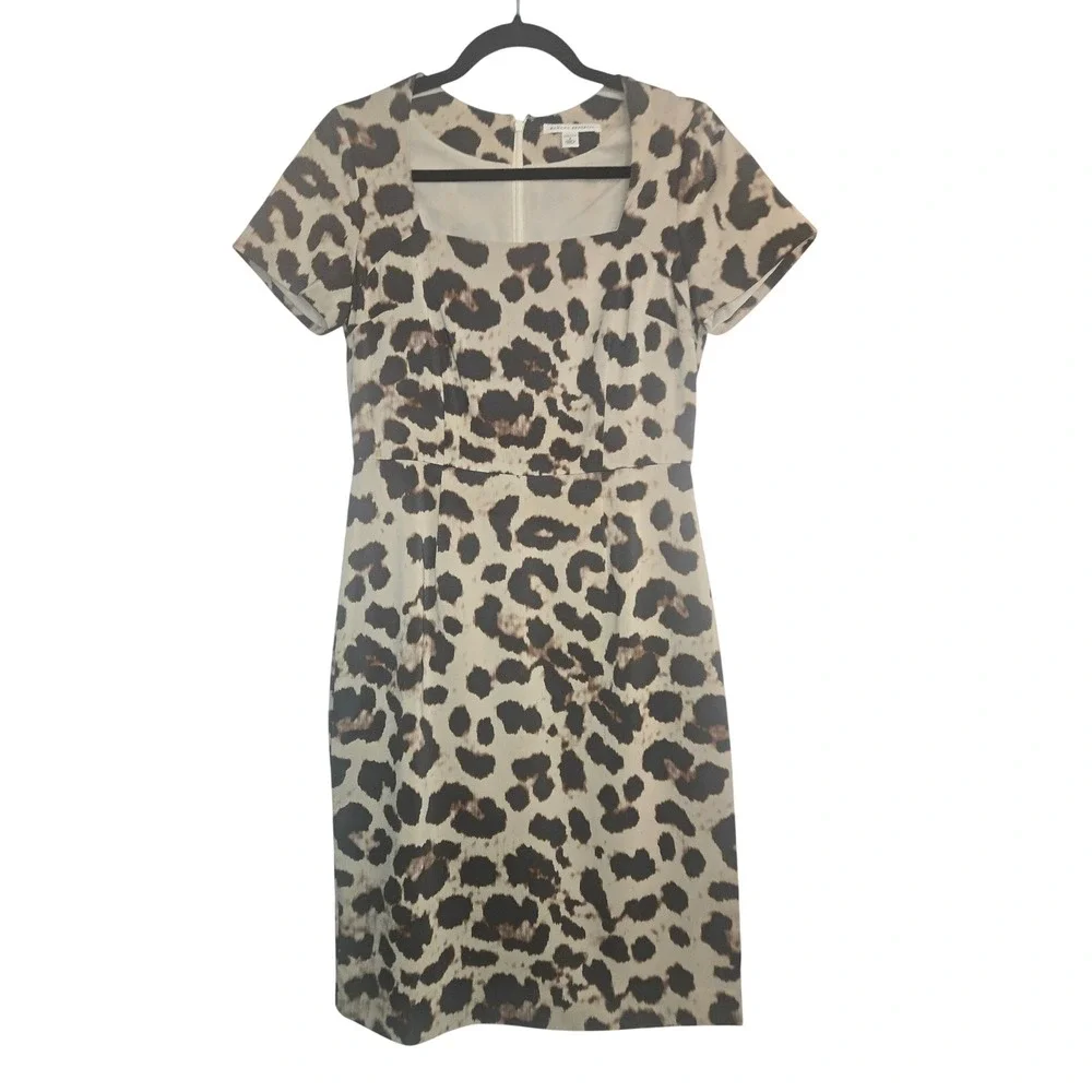 Banana‎ Republic Leopard Print Sheath Dress Square Neck Short Sleeve Tan Black 4